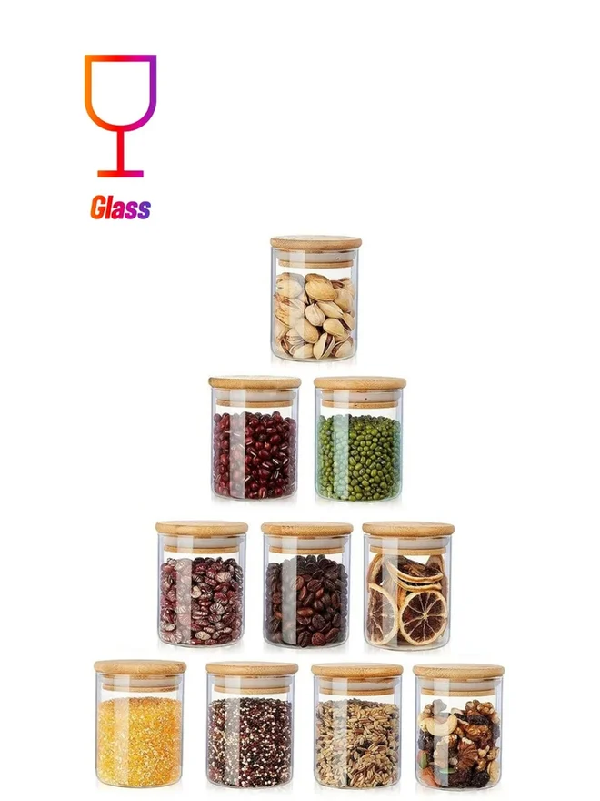 1 تشيس 1CHASE 10-Piece Borosilicate Glass Spice Jar With Bamboo Lids 180ml